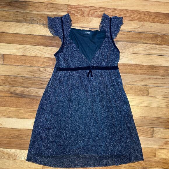 Mirror Sparkly Babydoll Coquette Empire Waist Mini Dress Velour Bow Flouncy Y2K - Picture 9 of 13